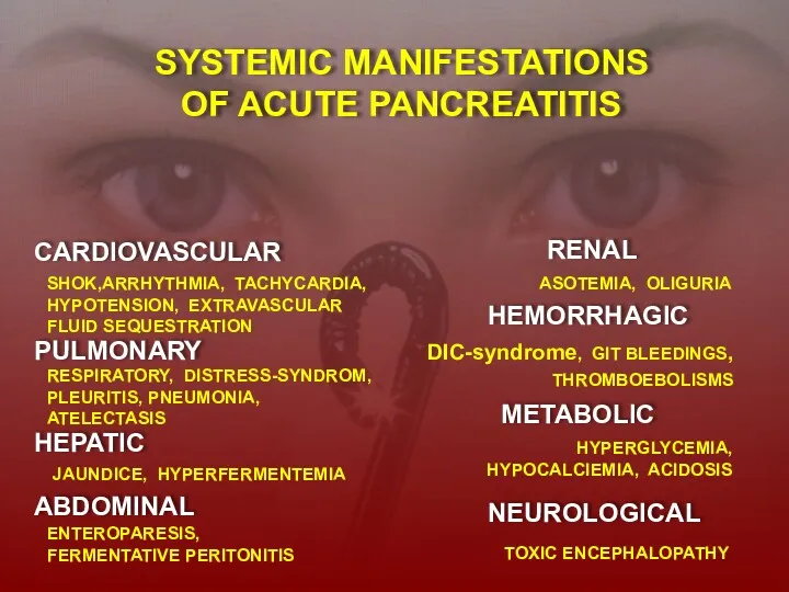SYSTEMIC MANIFESTATIONS OF ACUTE PANCREATITIS CARDIOVASCULAR SHOK,ARRHYTHMIA, TACHYCARDIA, HYPOTENSION, EXTRAVASCULAR