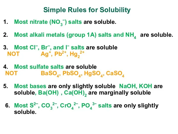 Simple Rules for Solubility Most nitrate (NO3−) salts are soluble.