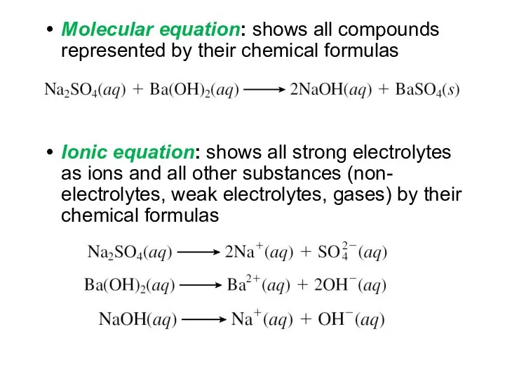 Molecular equation: shows all compounds represented by their chemical formulas