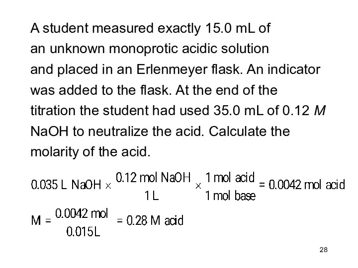 A student measured exactly 15.0 mL of an unknown monoprotic