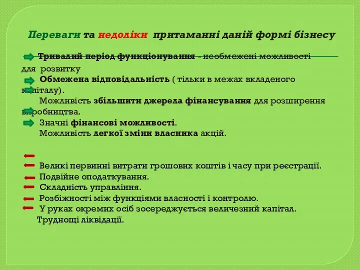 Переваги та недоліки притаманні даній формі бізнесу Тривалий період функціонування