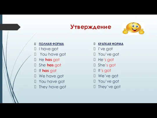 Утверждение ПОЛНАЯ ФОРМА I have got You have got He