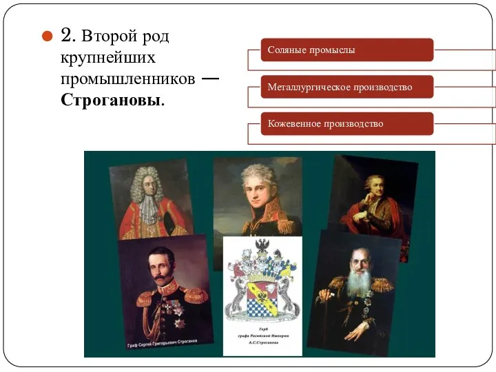 2. Второй род крупнейших промышленников — Строгановы.