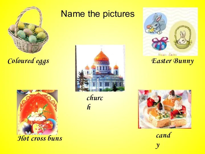 Name the pictures Coloured eggs Easter Bunny church Hot cross buns candy