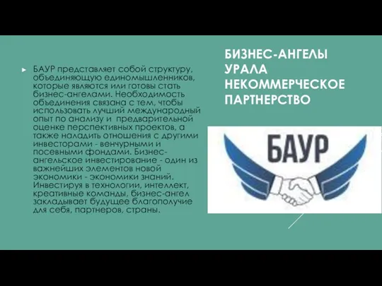 БИЗНЕС-АНГЕЛЫ УРАЛА НЕКОММЕРЧЕСКОЕ ПАРТНЕРСТВО БАУР представляет собой структуру, объединяющую единомышленников,