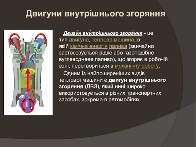 Двигу́н вну́трішнього згора́ння - це тип двигуна, теплова машина, в