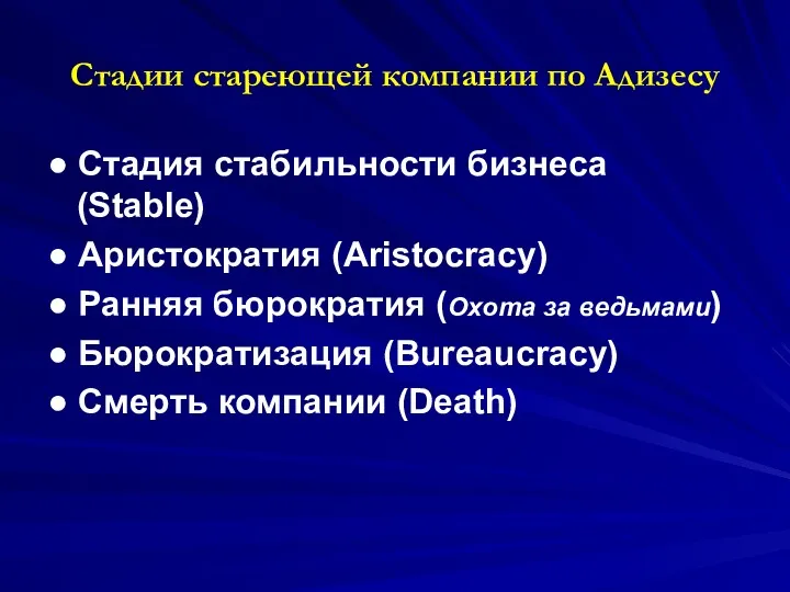 Стадии стареющей компании по Адизесу ● Стадия стабильности бизнеса (Stable) ● Аристократия (Aristocracy)