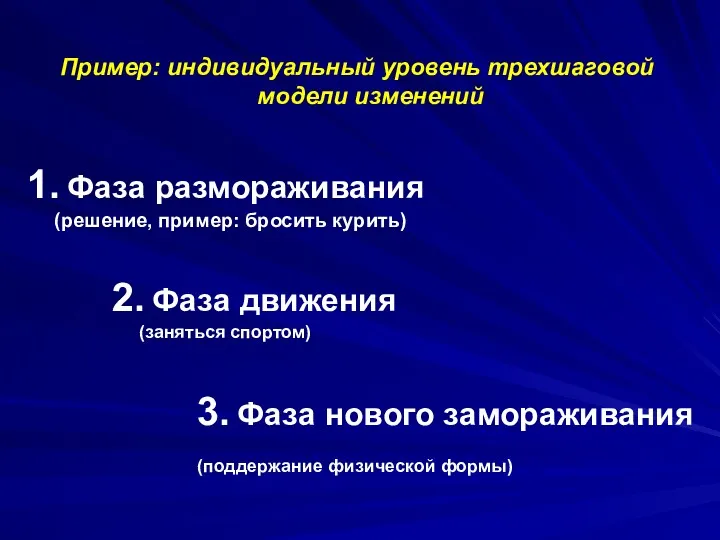 1. Фаза размораживания (решение, пример: бросить курить) 2. Фаза движения (заняться спортом) 3.