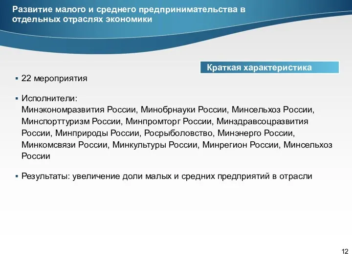 Развитие малого и среднего предпринимательства в отдельных отраслях экономики Краткая