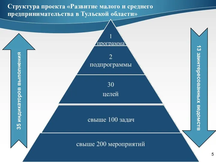 Структура проекта «Развитие малого и среднего предпринимательства в Тульской области» 13 заинтересованных ведомств 35 индикаторов выполнения