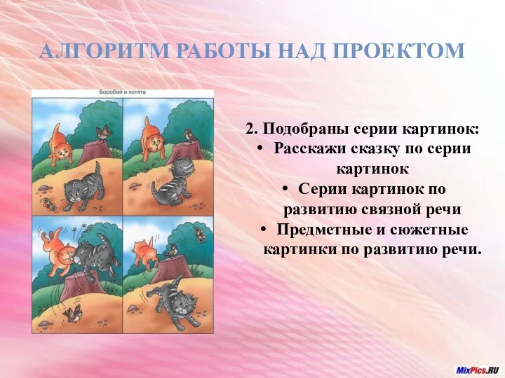 АЛГОРИТМ РАБОТЫ НАД ПРОЕКТОМ 2. Подобраны серии картинок: Расскажи сказку