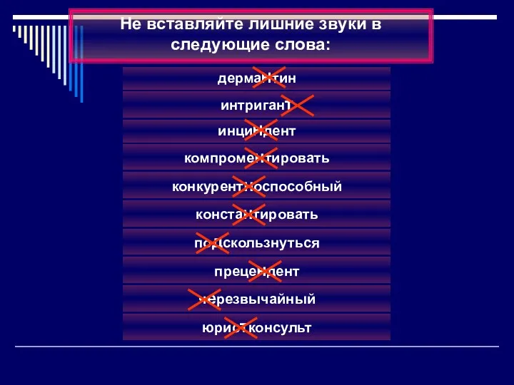 черезвычайный Не вставляйте лишние звуки в следующие слова: компроментировать конкурентноспособный