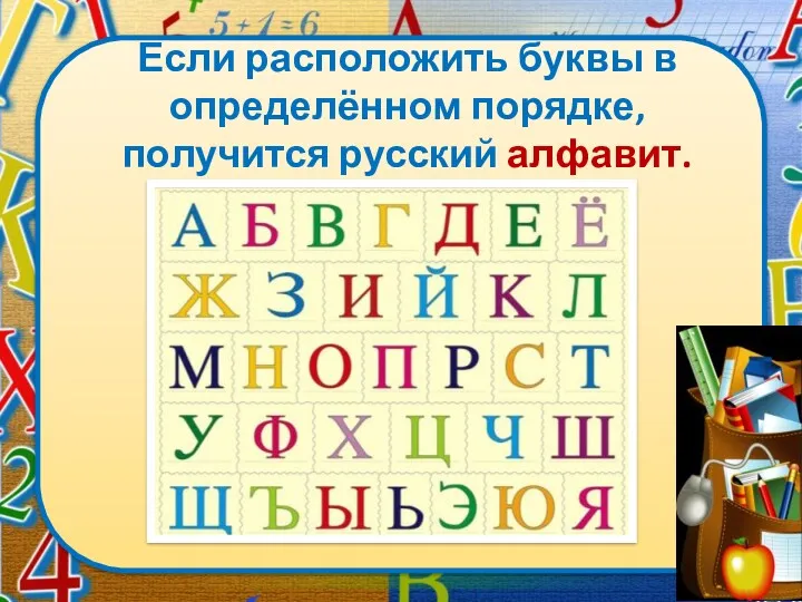 Если расположить буквы в определённом порядке, получится русский алфавит. Расскажи его