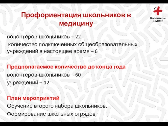 Профориентация школьников в медицину волонтеров-школьников – 22 количество подключенных общеобразовательных