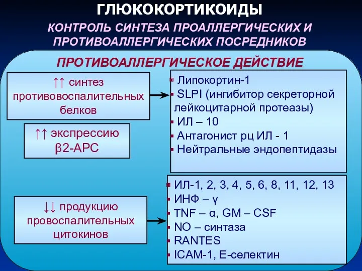 ГЛЮКОКОРТИКОИДЫ КОНТРОЛЬ СИНТЕЗА ПРОАЛЛЕРГИЧЕСКИХ И ПРОТИВОАЛЛЕРГИЧЕСКИХ ПОСРЕДНИКОВ