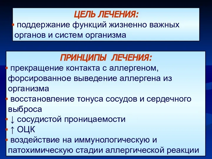 ЦЕЛЬ ЛЕЧЕНИЯ: поддержание функций жизненно важных органов и систем организма