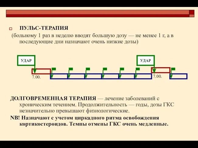 ПУЛЬС-ТЕРАПИЯ (больному 1 раз в неделю вводят большую дозу —