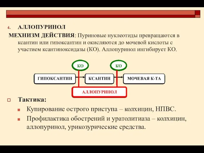 АЛЛОПУРИНОЛ МЕХНИЗМ ДЕЙСТВИЯ: Пуриновые нуклеотиды превращаются в ксантин или гипоксантин