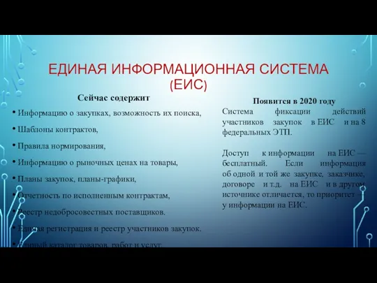 ЕДИНАЯ ИНФОРМАЦИОННАЯ СИСТЕМА (ЕИС) Сейчас содержит Информацию о закупках, возможность