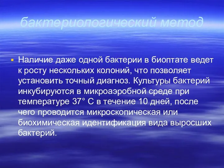 бактериологический метод Наличие даже одной бактерии в биоптате ведет к росту нескольких колоний,