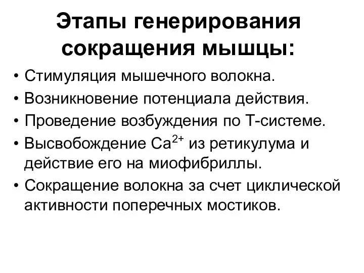 Этапы генерирования сокращения мышцы: Стимуляция мышечного волокна. Возникновение потенциала действия.