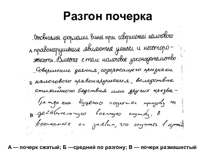 Разгон почерка А — почерк сжатый; Б —средний по разгону; В — почерк размашистый