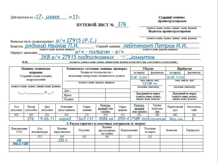 376 17 июня 11 в/ч 27915 (Р.С.) рядовой Иванов П.И.