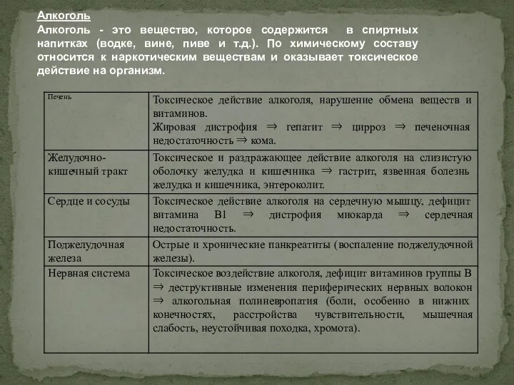 Алкоголь Алкоголь - это вещество, которое содержится в спиртных напитках