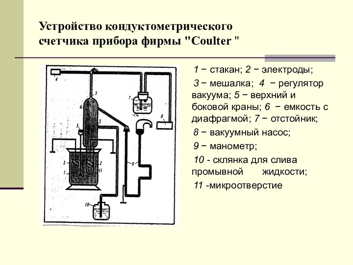 Устройство кондуктометрического счетчика прибора фирмы "Coulter " 1 − стакан;