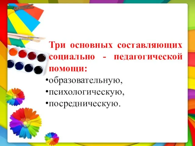 Три основных составляющих социально - педагогической помощи: образовательную, психологическую, посредническую.