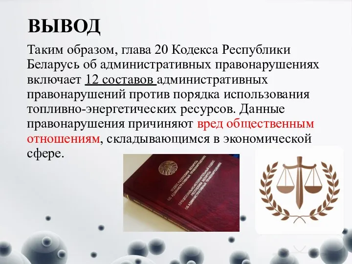 ВЫВОД Таким образом, глава 20 Кодекса Республики Беларусь об административных правонарушениях включает 12