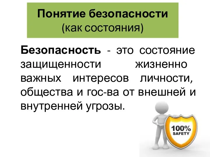 Понятие безопасности (как состояния) Безопасность - это состояние защищенности жизненно