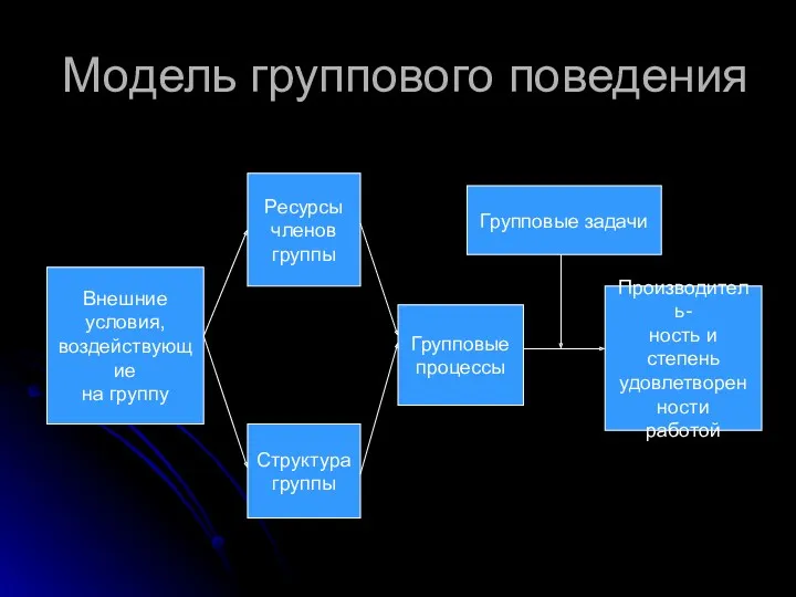 Модель группового поведения Внешние условия, воздействующие на группу Ресурсы членов