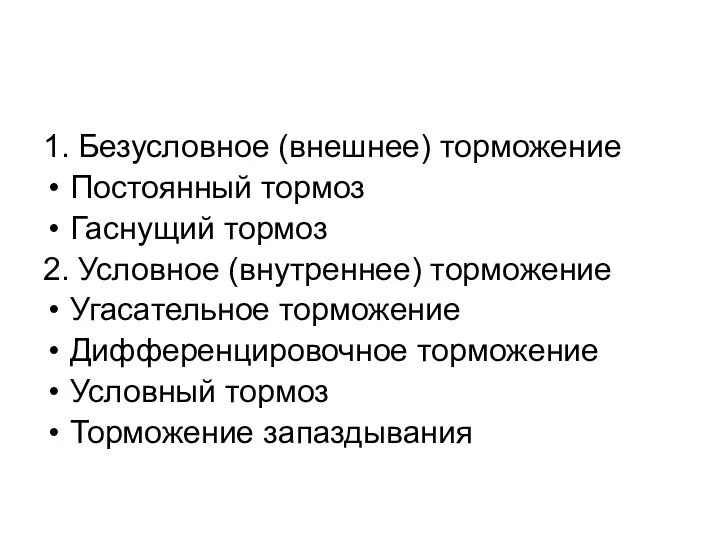 1. Безусловное (внешнее) торможение Постоянный тормоз Гаснущий тормоз 2. Условное (внутреннее) торможение Угасательное