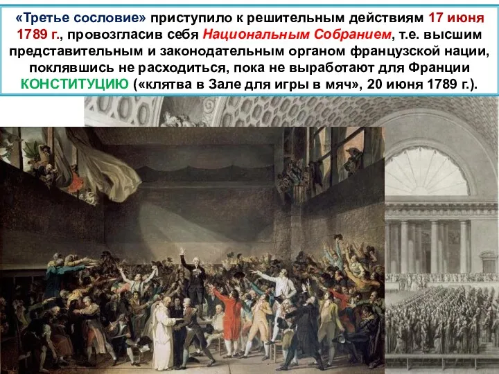 «Третье сословие» приступило к решительным действиям 17 июня 1789 г., провозгласив себя Национальным