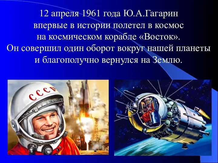 12 апреля 1961 года Ю.А.Гагарин впервые в истории полетел в