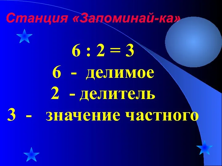 Станция «Запоминай-ка» 6 : 2 = 3 6 - делимое