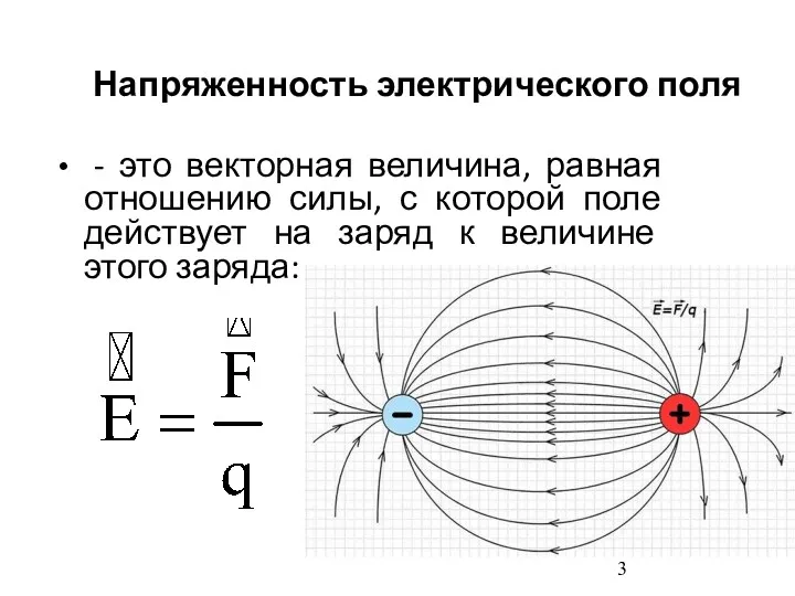 Напряженность электрического поля - это векторная величина, равная отношению силы, с которой поле