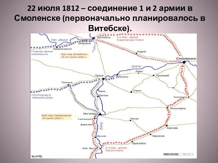 22 июля 1812 – соединение 1 и 2 армии в Смоленске (первоначально планировалось в Витебске).