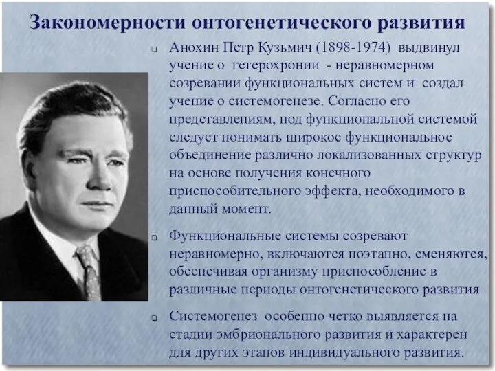 Закономерности онтогенетического развития Анохин Петр Кузьмич (1898-1974) выдвинул учение о гетерохронии - неравномерном