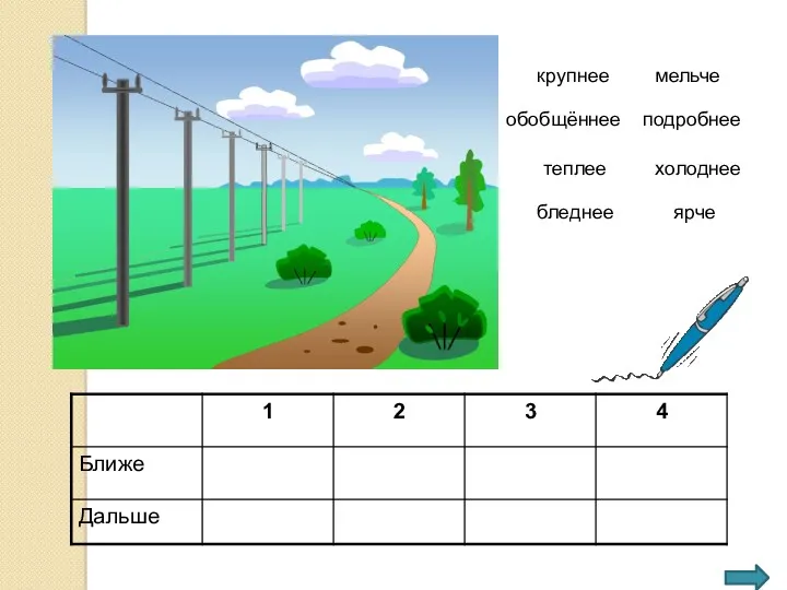 крупнее мельче подробнее обобщённее теплее холоднее ярче бледнее