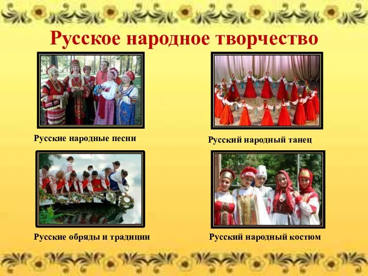 Русское народное творчество Русские народные песни Русский народный костюм Русские обряды и традиции Русский народный танец