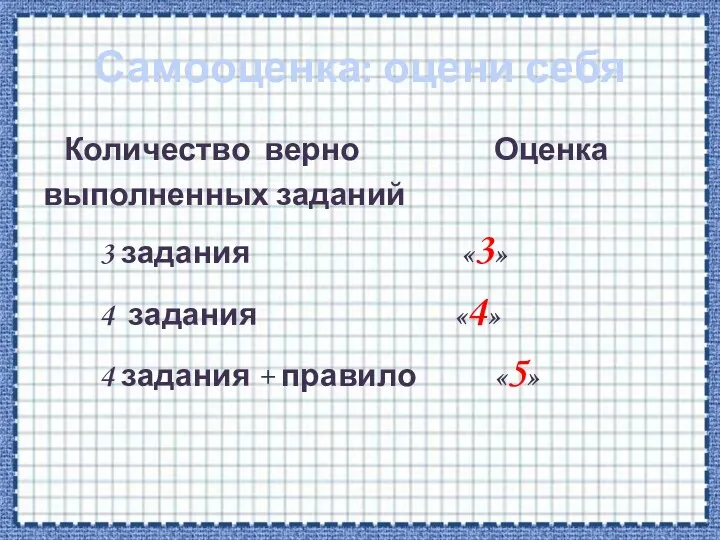 Самооценка: оцени себя Количество верно Оценка выполненных заданий 3 задания