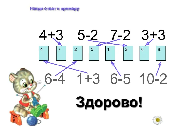 Найди ответ к примеру 4+3 5-2 7-2 3+3 4 7