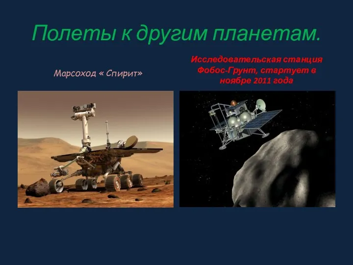 Полеты к другим планетам. Марсоход « Спирит» Исследовательская станция Фобос-Грунт, стартует в ноябре 2011 года