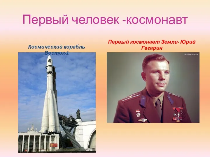 Первый человек -космонавт Первый космонавт Земли- Юрий Гагарин Космический корабль Восток-1