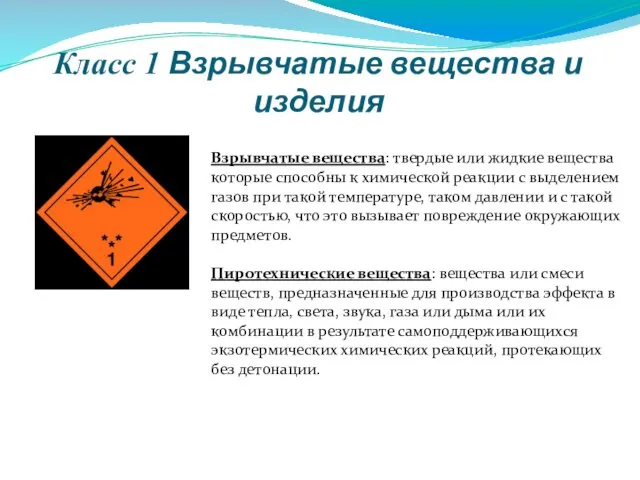 Класс 1 Взрывчатые вещества и изделия Взрывчатые вещества: твердые или