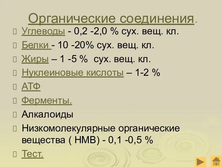 Органические соединения. Углеводы - 0,2 -2,0 % сух. вещ. кл.