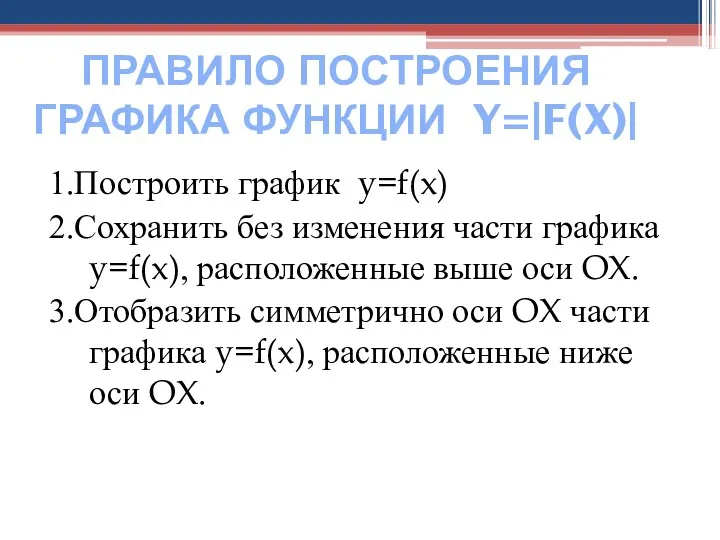 ПРАВИЛО ПОСТРОЕНИЯ ГРАФИКА ФУНКЦИИ Y=|F(X)| 1.Построить график y=f(x) 2.Сохранить без