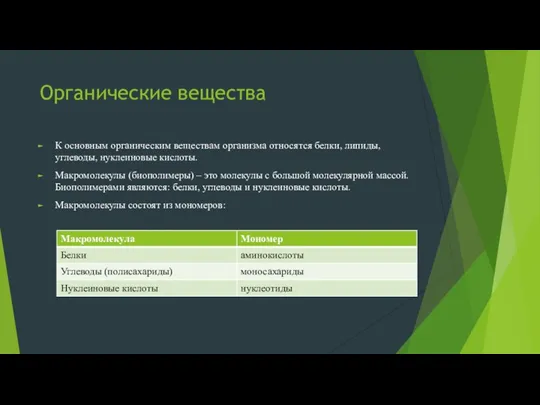 Органические вещества К основным органическим веществам организма относятся белки, липиды,